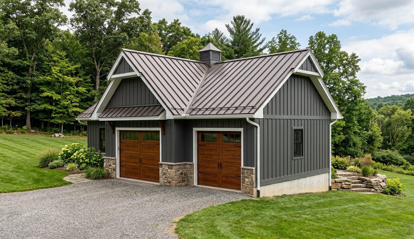 custom detached garage with dark board-and-batten siding, a standing seam metal roof, and custom wooden overhead doors on a landscaped rural property.